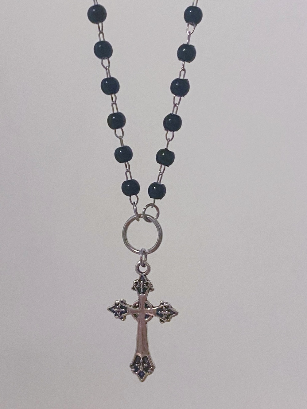Sterling Silver Cross Pendant Necklace with Black Beads